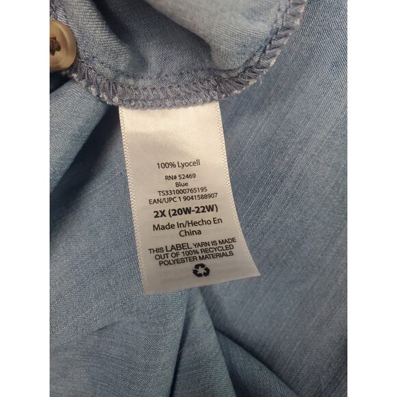 Terra & Sky Women's Size 2X Blue Chambray Bow Front Button Up Boho Blouse - Picture 5 of 6